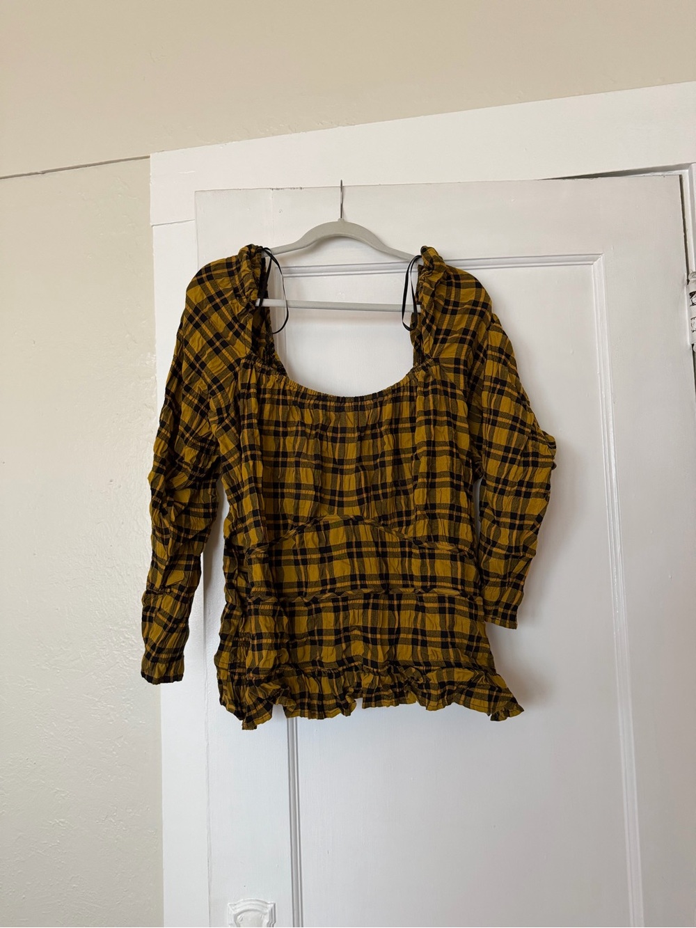 WRAY Plaid Smocked Square-Neck Top